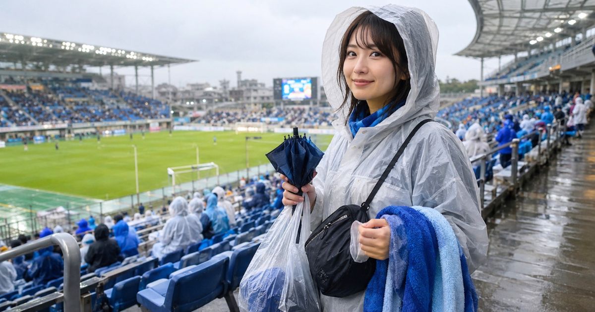 雨のJリーグ観戦で、ポンチョを着た女性が折りたたみ傘、タオル、荷物用ビニール袋を持ってスタジアムで観戦する様子