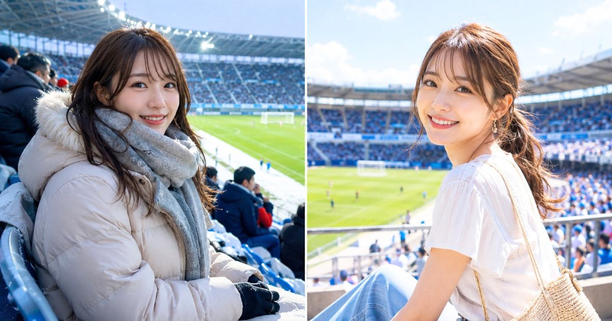 Jリーグ観戦の季節別コーデ例。スタジアムで防寒アウターとマフラーを着る冬の女性と、半袖で涼しく観戦する夏の女性