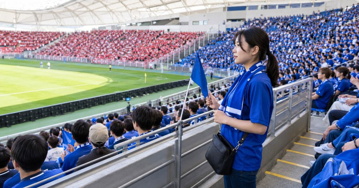 Jリーグ観戦で青いタオルマフラーと小旗を持つ女性。スタジアムではホーム側とビジター側の応援席が分かれている様子