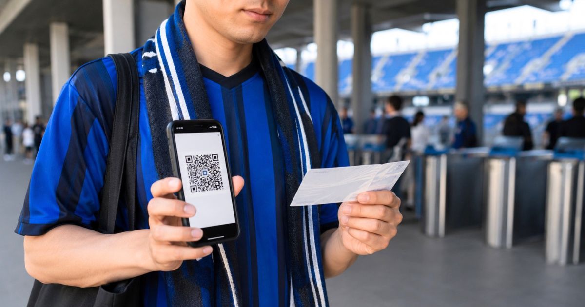 Jリーグ観戦の入場前に、スマホのQRチケットと紙チケットを確認するサポーター