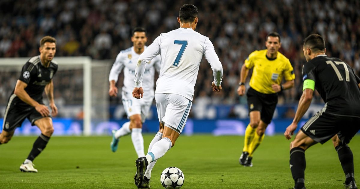 背番号7の白いユニフォームを着たサッカー選手が相手選手と審判の前でドリブルする試合シーン