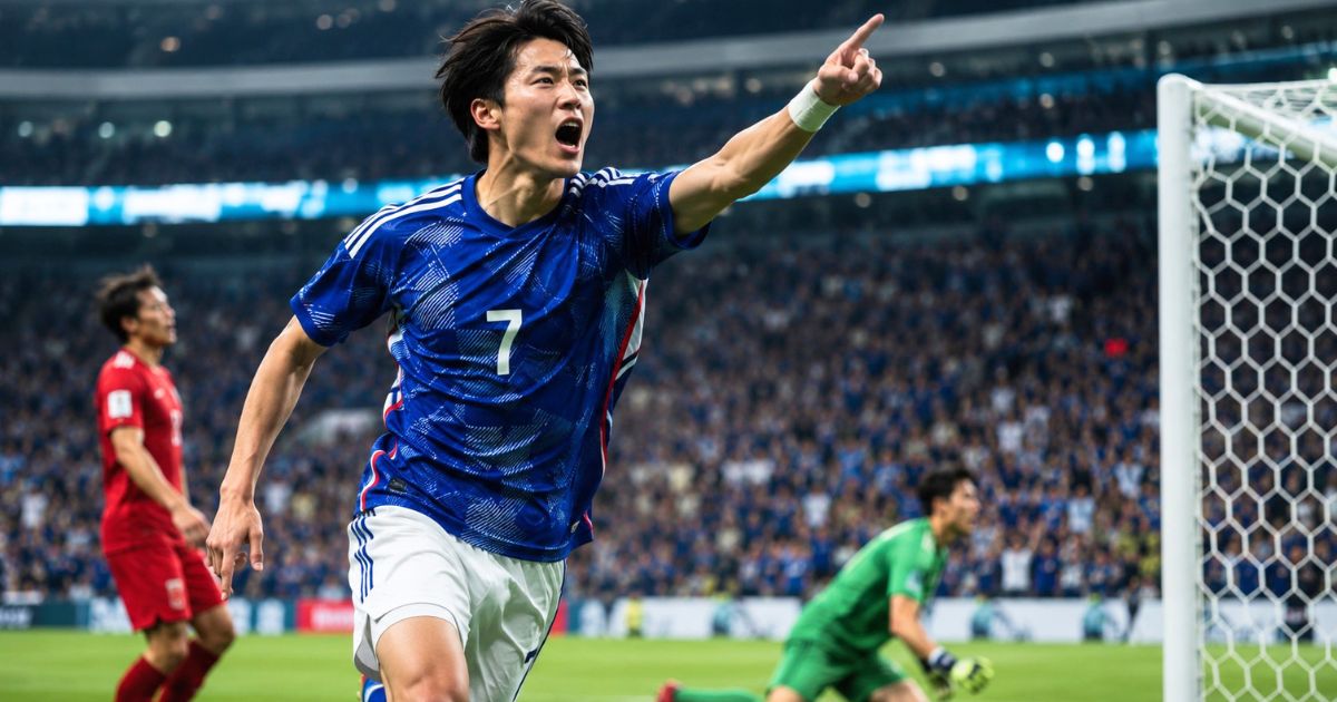 背番号7の青いユニフォームを着た日本人サッカー選手がゴール後に喜ぶ試合シーン