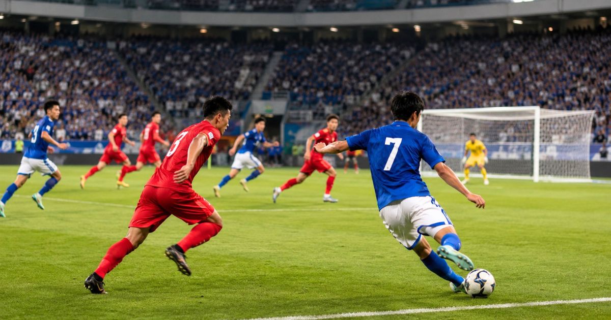 背番号7の青いユニフォームを着た日本人選手がサイドから攻撃を仕掛けるサッカーの試合シーン
