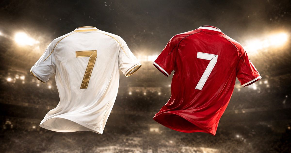 スタジアムに浮かぶ背番号7の白と赤のサッカーユニフォームが有名選手のイメージを表すシーン