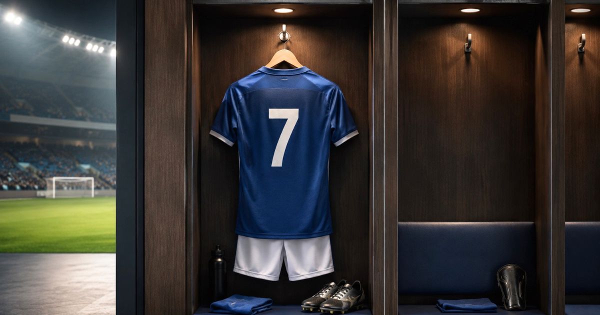 ロッカールームに掛けられた背番号7の青いサッカーユニフォームとスパイク