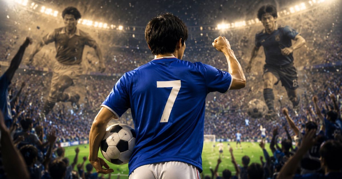 背番号7の青いユニフォームを着たサッカー選手が観客の声援を受けて人気を集めるイメージ