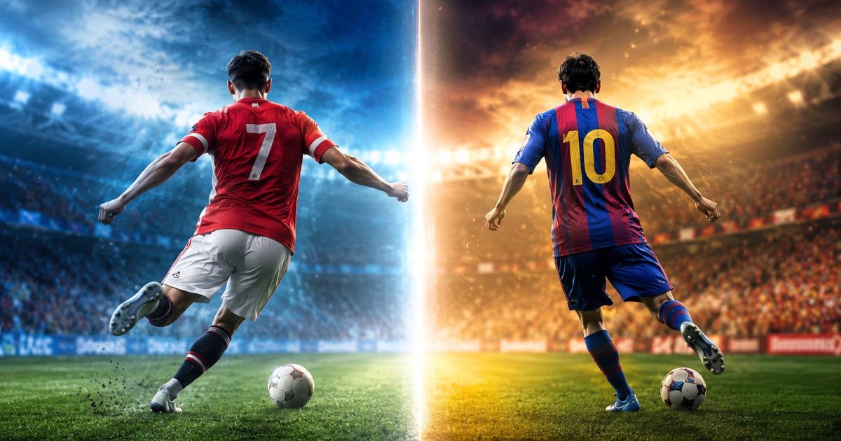 背番号7の赤いユニフォームの選手と背番号10の青赤ユニフォームの選手を比較するサッカーのイメージ