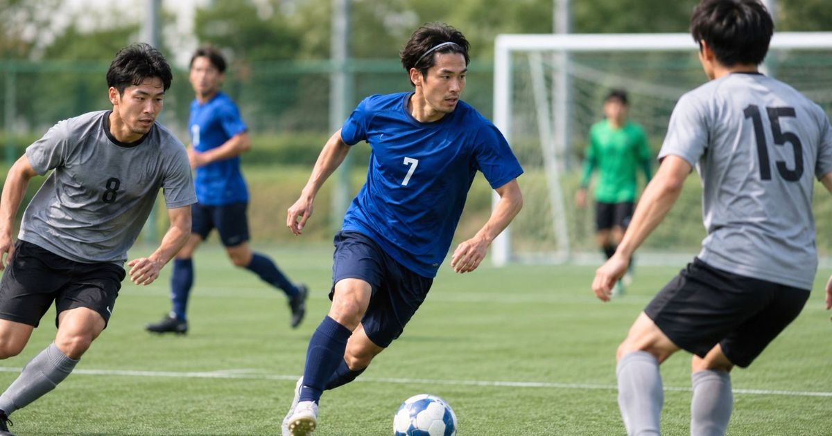 社会人サッカーの試合で、ヘアバンドを着けた選手が相手選手に囲まれながらボールを運んでいるシーン