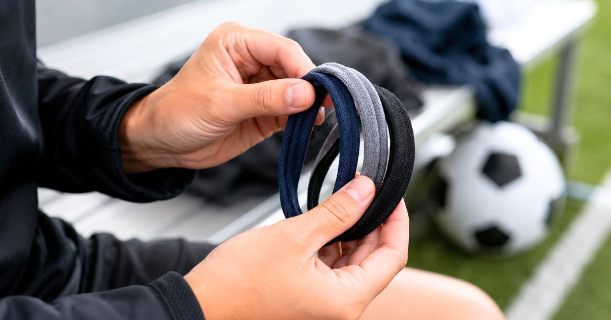 サッカー場のベンチ付近で、複数のヘアバンドを手に取り、柔らかさや素材を確認している様子