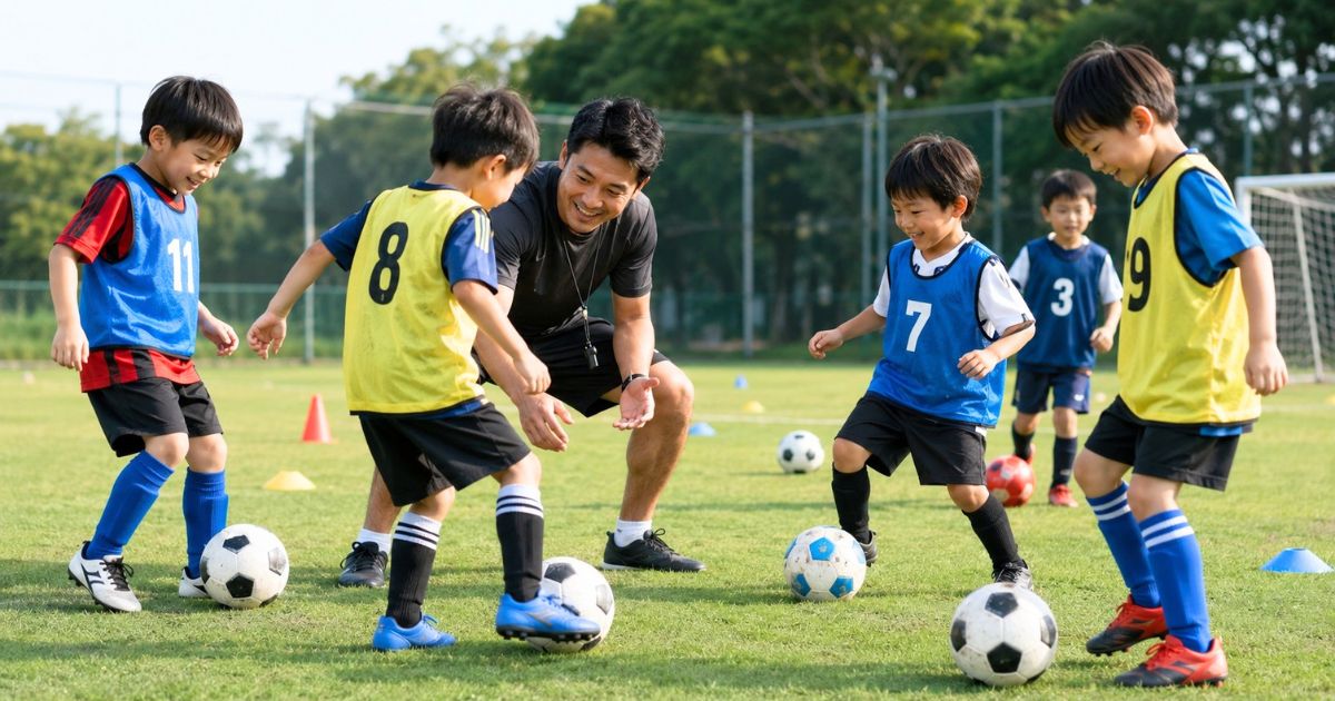 サッカースクールの体験会で、子どもたちがコーチと一緒に笑顔でボールに触れる練習風景