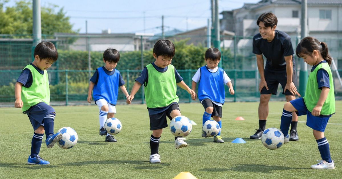 6歳くらいの子どもたちがサッカースクールでリフティングに挑戦し、コーチが見守る基礎練習の風景