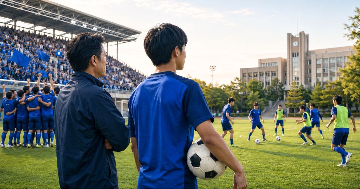 大学サッカーの練習と全国大会の舞台を見ながら、進学先を検討する選手と指導者