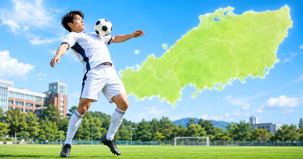中国地方の地図を背景に、胸でボールをコントロールする大学サッカー選手