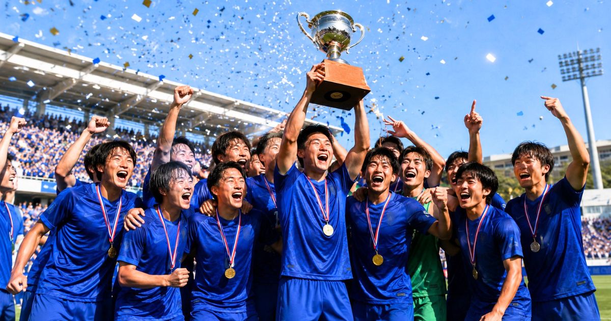 大学サッカー大会で優勝し、トロフィーを掲げて喜ぶ選手たち