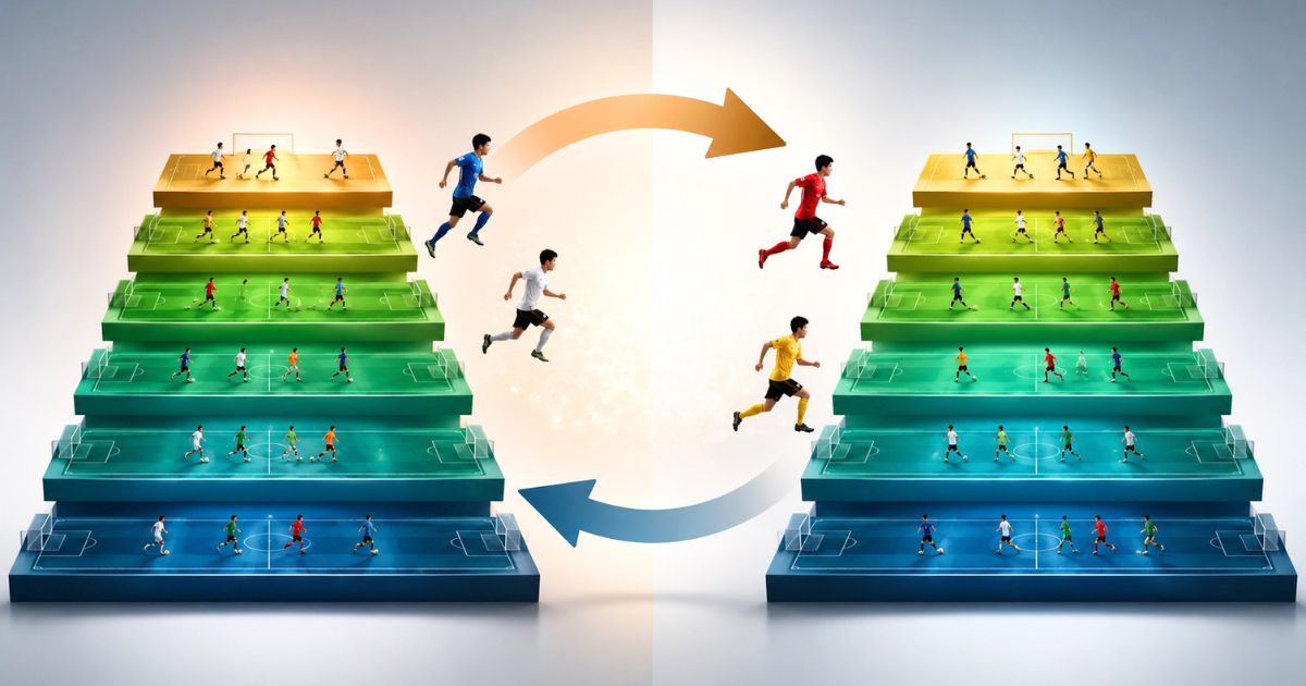 階層化された大学サッカーの各ディビジョン間を選手が移動し、所属カテゴリーがシーズンごとに変わる仕組みを表したイメージ