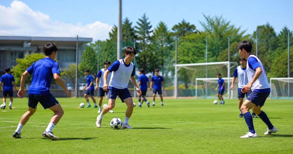 芝生の大学サッカー練習場で、選手たちがリラックスした雰囲気の中でボール練習に取り組む様子