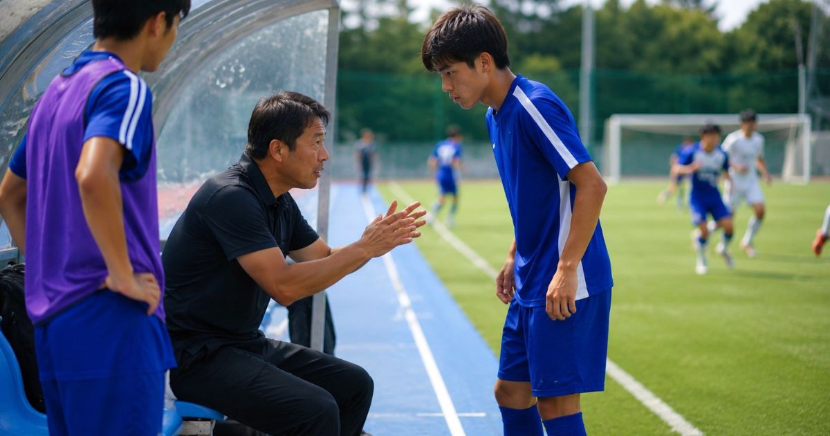 大学サッカーのIリーグで、途中出場を控える選手に戦術を伝える監督