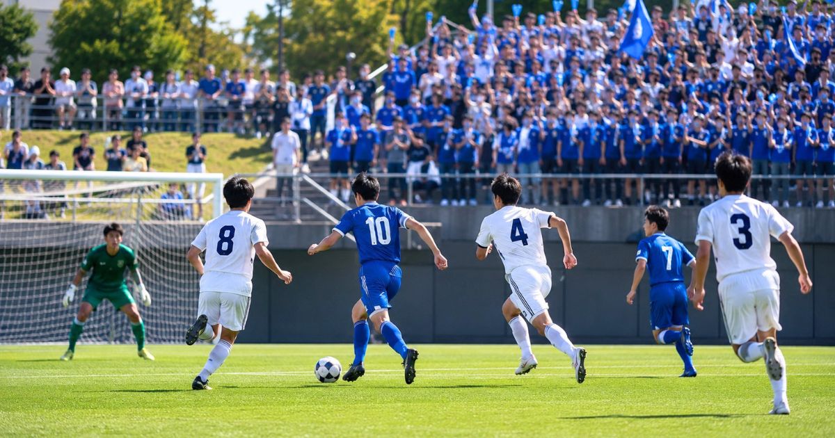 応援席を背に競り合う大学サッカーリーグの試合風景