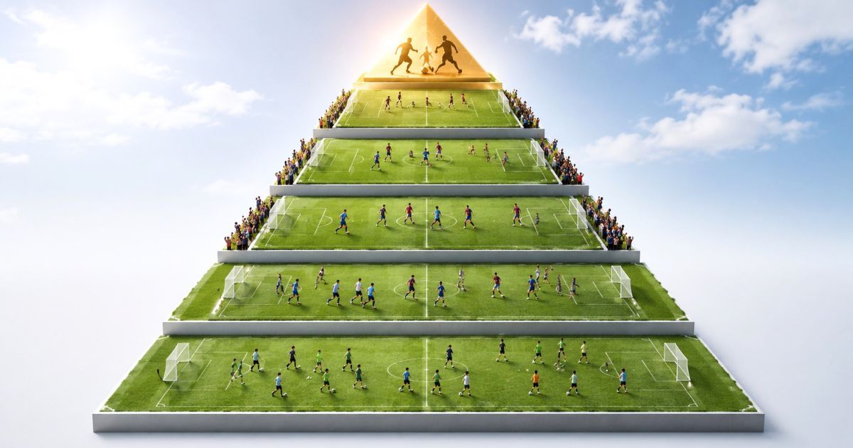 複数のサッカー場を階層状に配置し、大学サッカーの地域リーグと全国大会への流れを表したイメージ