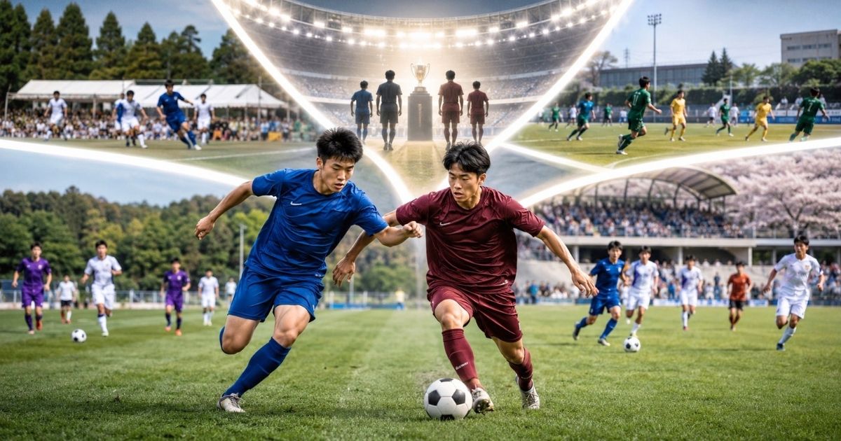 地域リーグから全国大会を目指す大学サッカー選手と複数の試合会場を描いたイメージ