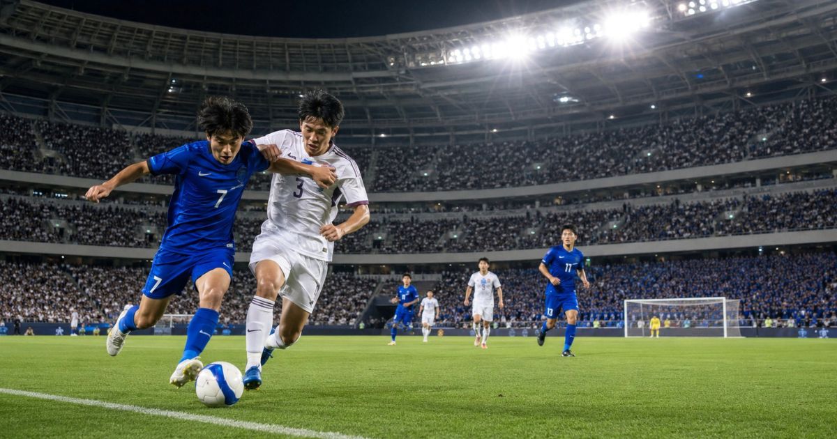 国立競技場をイメージした大観衆のスタジアムで、背番号入りユニフォームの大学サッカー選手が競り合う全国大会の試合風景