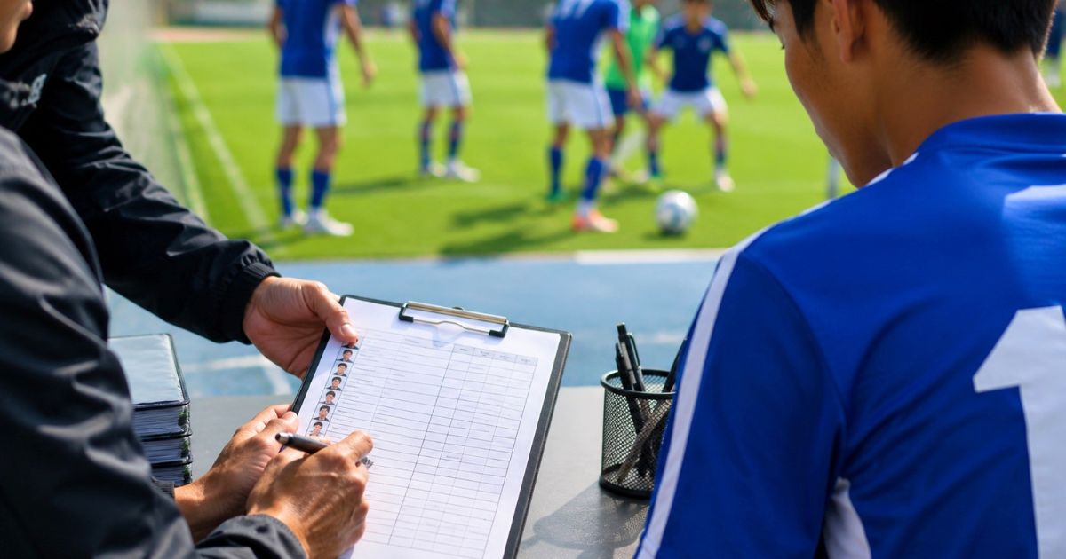 大学サッカーの試合前に、選手登録名簿と出場資格を確認するスタッフと選手