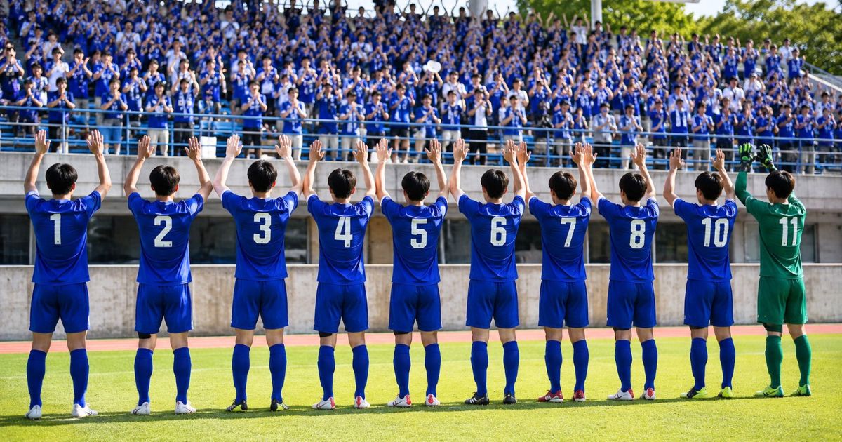 大学サッカーで昇格を決め、応援席へ挨拶する選手たち
