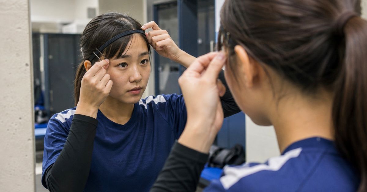 鏡を見ながらヘアバンドを着け、はみ出した髪を金属製ヘアピンで留める女子サッカー選手