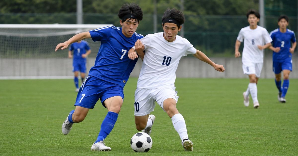 高校サッカーの公式戦で、ヘアバンドを着けた選手同士がボールを激しく競り合うシーン