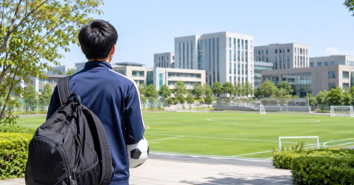 大学の校舎とサッカーグラウンドを前に、入部と進学への希望を抱く高校生の後ろ姿