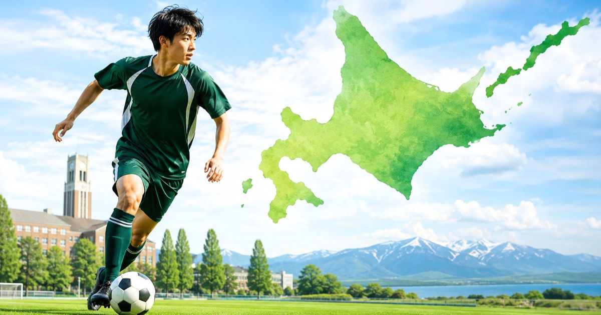 北海道の地図を背景に、大学サッカー選手がボールを操る北海道学生サッカーリーグのイメージ