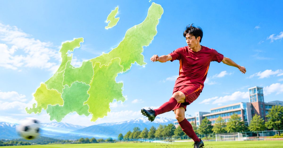 北信越地方の地図を背景に、力強くキックを放つ大学サッカー選手
