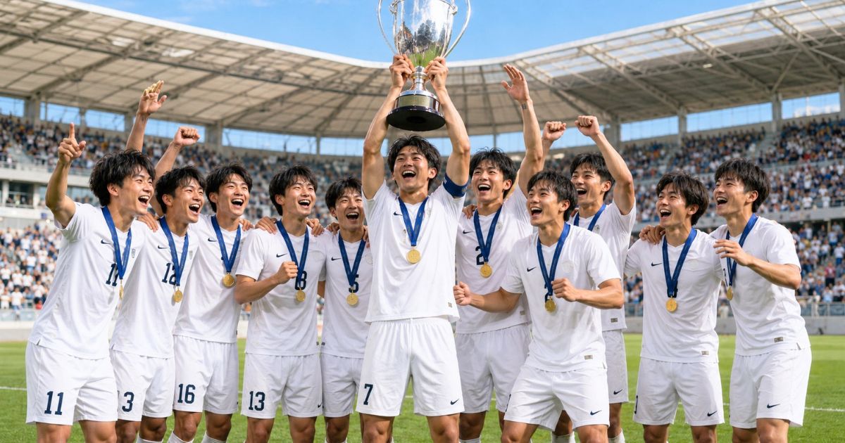 インカレで優勝した大学サッカーチームのキャプテンがカップを掲げ、イレブンがメダルを着けて喜ぶ表彰後のシーン