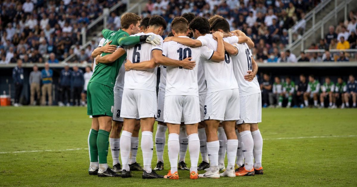 インカレ決勝ラウンドの試合直前、大学サッカーのイレブンがピッチ上で円陣を組み、気持ちを一つにする様子