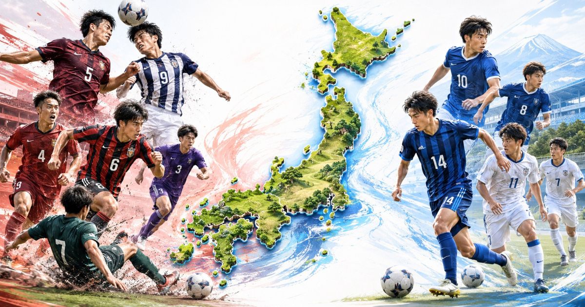 デフォルメした日本地図を中央に、左右で異なるユニフォームの大学サッカー選手たちが空中戦やドリブルなど多様なプレースタイルを見せるイメージ
