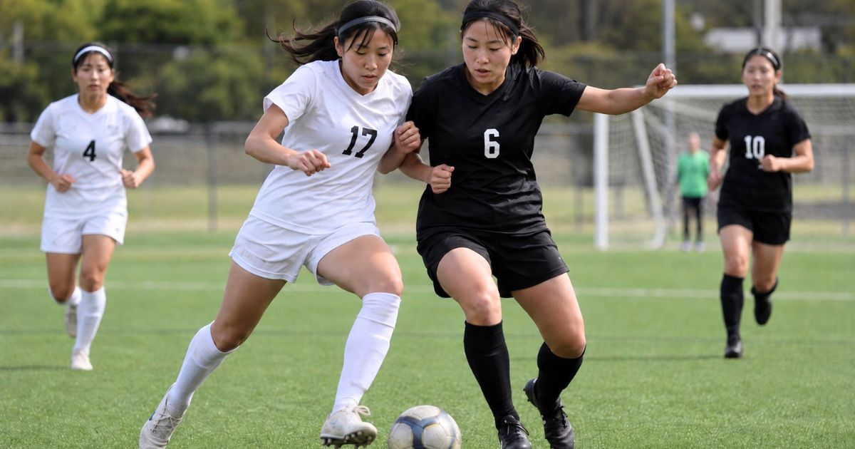 ヘアバンドを着けた日本人女子サッカー選手が、試合中にボールを激しく競り合っている様子