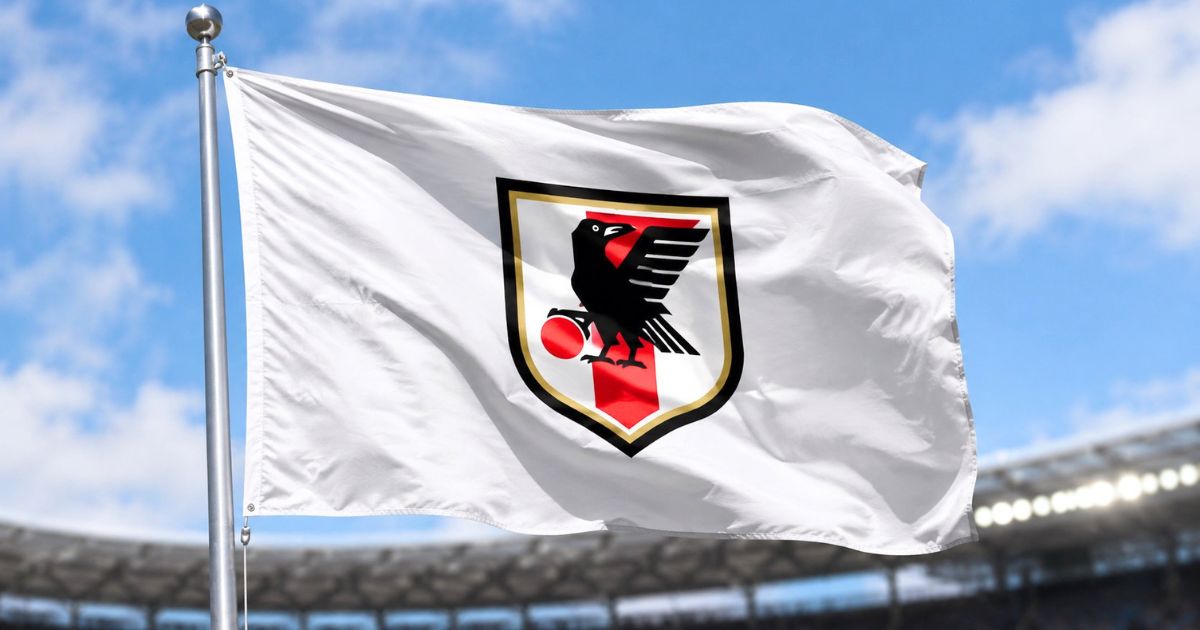スタジアムを背景に、日本サッカー協会をイメージした白い旗が青空の下で風になびいているシーン