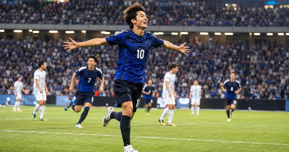 満員のスタジアムでゴールを決め、両手を広げて喜ぶJリーグ選手と駆け寄るチームメート