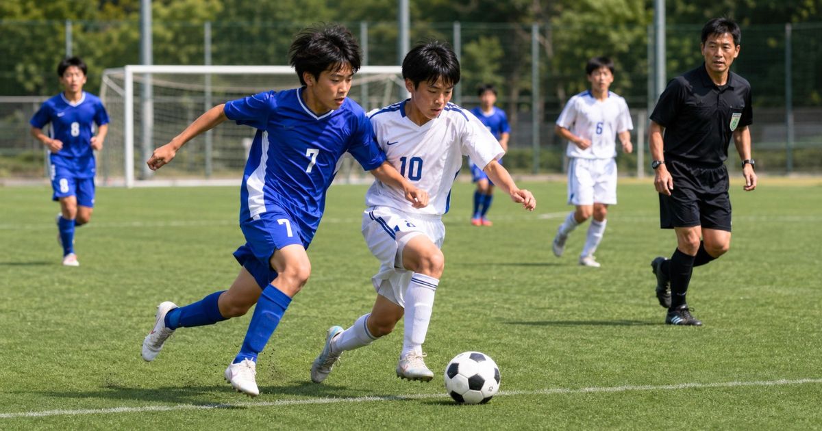 中学生年代の11人制サッカーで、青と白のユニフォームの選手がボールを競り合い、審判が見守る試合風景