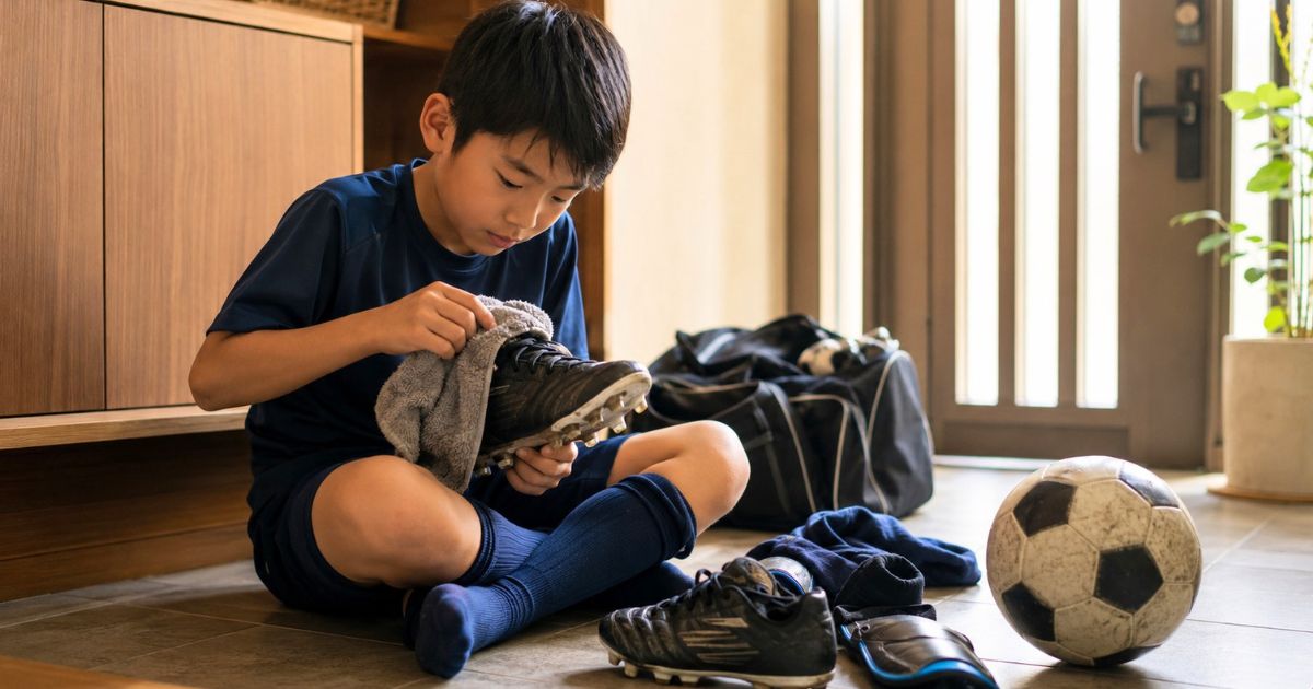 自宅の玄関でサッカースパイクの汚れを拭き取り、用品を手入れする12歳くらいの少年