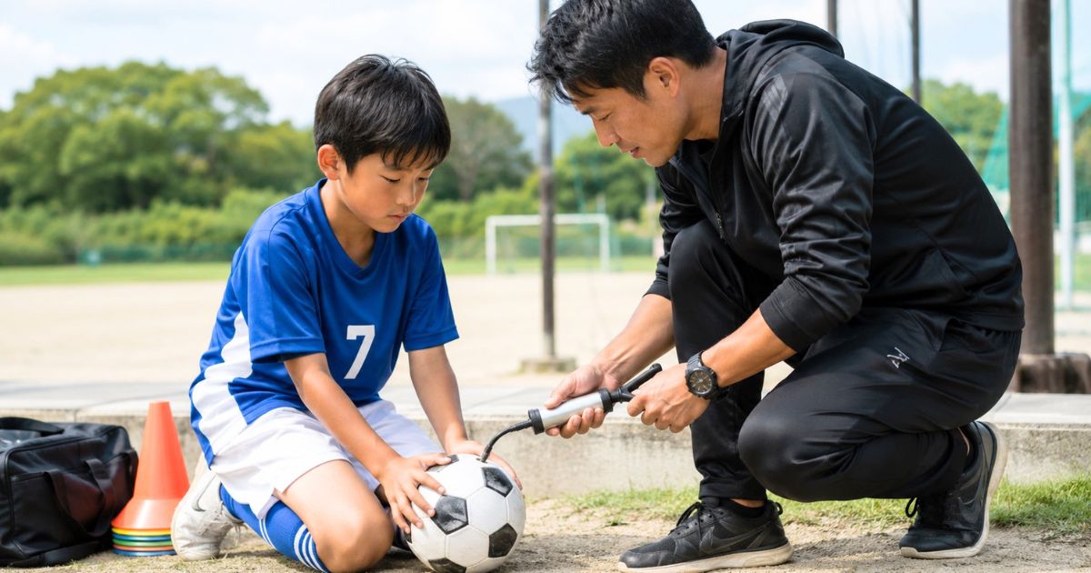 サッカーグラウンドでコーチからボールに空気を入れる方法を教わる少年サッカー選手