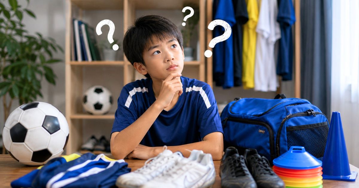 サッカーボールやシューズ、水筒、すね当て、練習着を前に、少年サッカー用品について考える日本人の少年