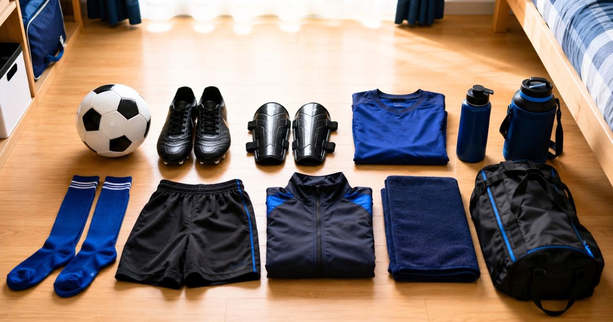 子ども部屋の床に並べたサッカーボール、シューズ、すね当て、ソックス、水筒、練習着などの少年サッカー基本用品