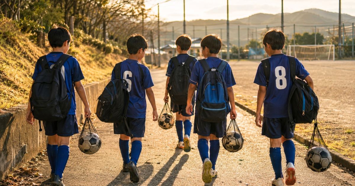 練習後にリュックを背負い、ボールネットに入れたサッカーボールを持って帰る少年サッカー選手たちの後ろ姿