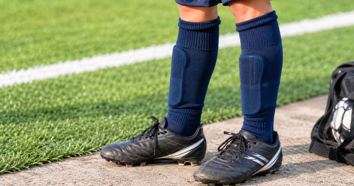 すね当てを入れた紺色のサッカーソックスと黒いサッカーシューズを着用した少年選手の足元