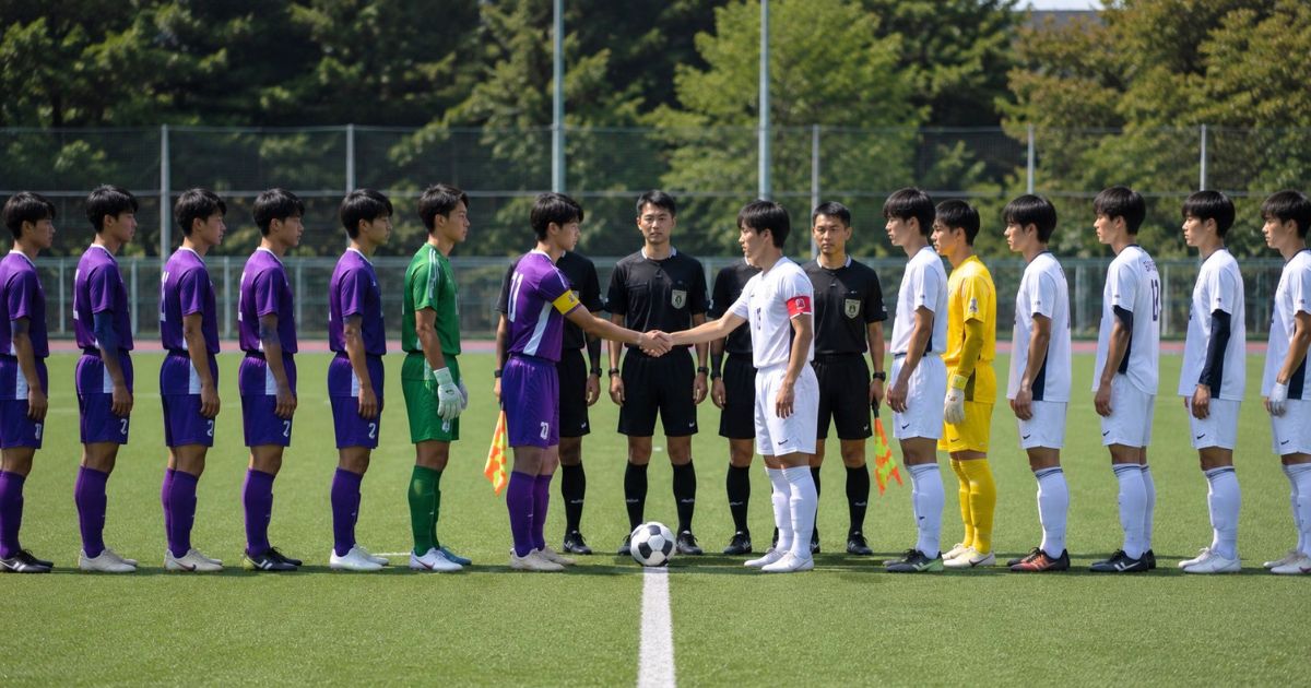 関西学生サッカーリーグ1部・2部プレーオフの試合前に、両チームの主将が審判団の前で握手する様子
