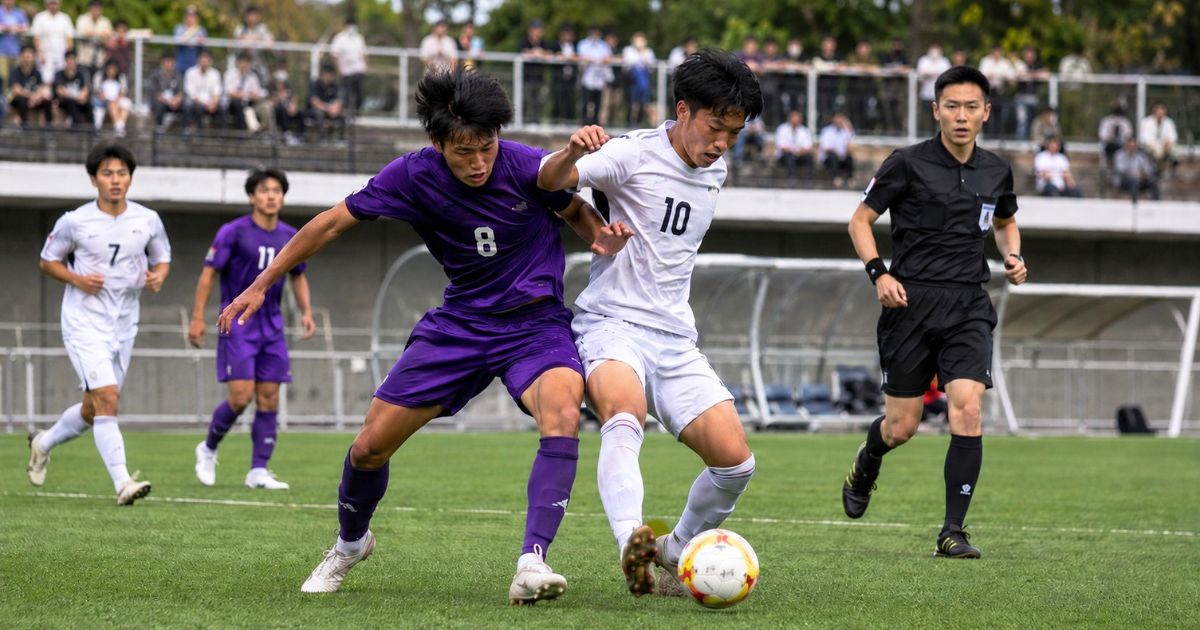 関西学生サッカー1部の公式戦で、選手がボールを競り合い、審判がプレーを見守る様子