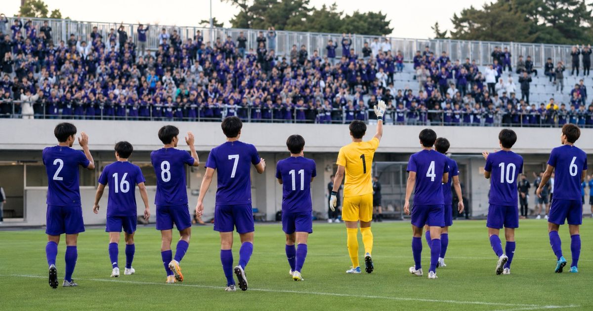 関西学生サッカー1部の公式戦後、勝利した選手たちが応援席に向かって手を振り挨拶する後ろ姿