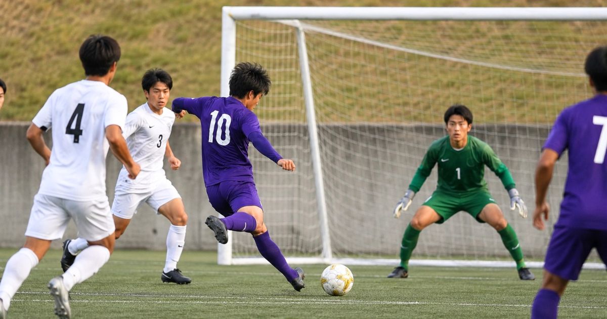 関西学生サッカー2部の公式戦で、背番号10の選手がシュートを放ち、相手ゴールキーパーが構える場面