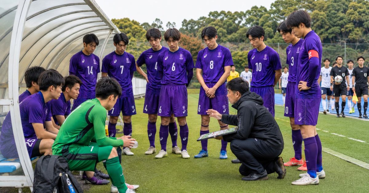 関西学生サッカー3部・4部プレーオフの試合直前、選手がベンチで監督の指示を聞き、背景では相手チームと審判が入場する様子
